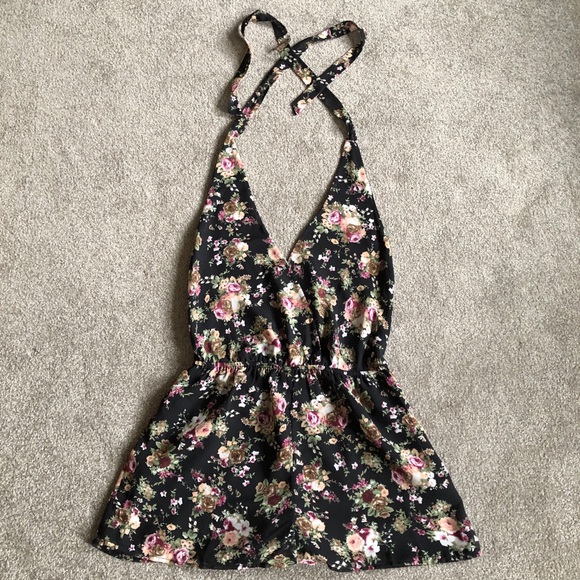 Forever 21 Pants - Floral print halter romper with open back